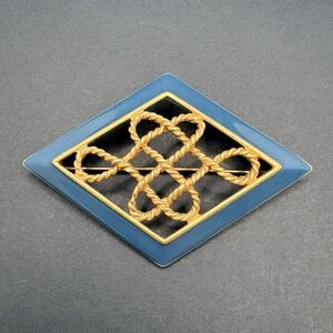 Vintage Monet Gold Tone Blue Enamel Twisted Rope Diamond Shape Brooch Classic